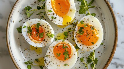 Closeup of four perfectly boiled eggs sprinkled with pepper and herbs on a white speckled bowl.