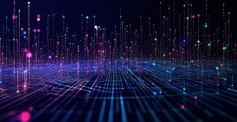 Naklejka premium Futuristic Digital Landscape with Data Lines, Dots, and Network Grid in Cyberpunk Style