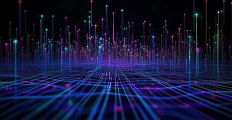 Futuristic Digital Landscape with Data Lines, Dots, and Network Grid in Cyberpunk Style