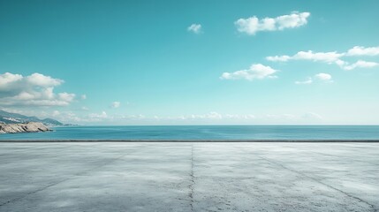 empty concrete floor with tranquil coastline sky for large copy space : Generative AI