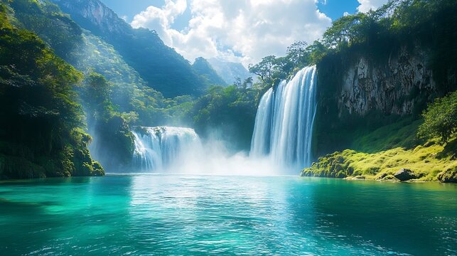 Natural landscape with turquoisecolored water and the monumental Tamul waterfall in the background on a sunny day with clouds in the Huasteca Potosina : Generative AI