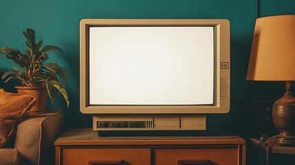 A blank white screen on a retro gaming console in a classic 90s living room, with nostalgic furniture and decor, captured in a warm, retro photo style