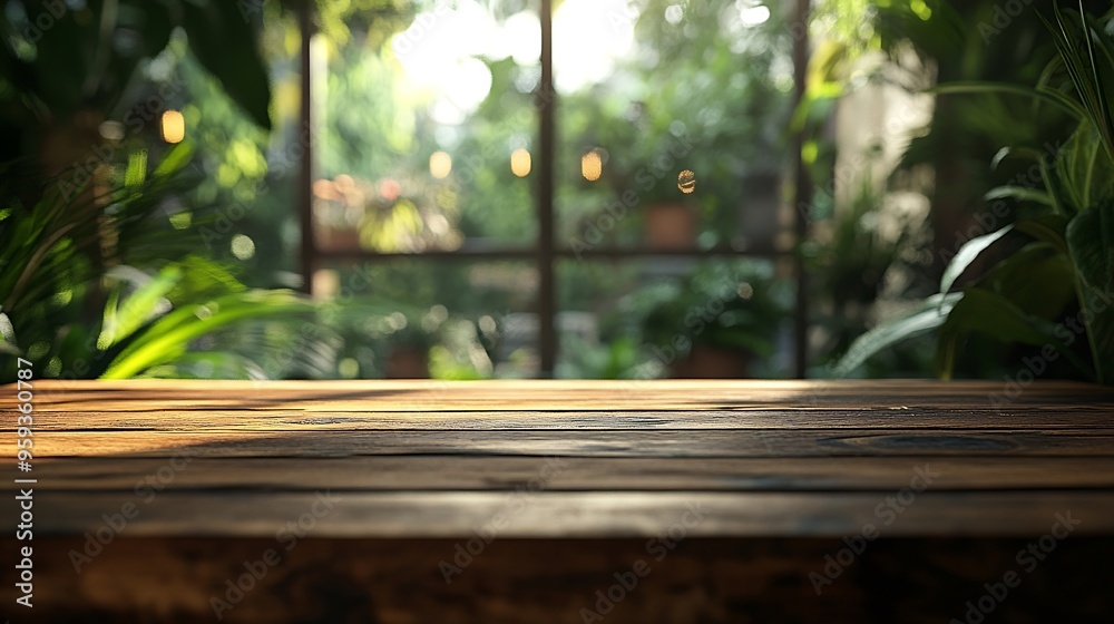 Poster a wooden table in front of a blurred background depicting a coffee shop or restaurant with a large w