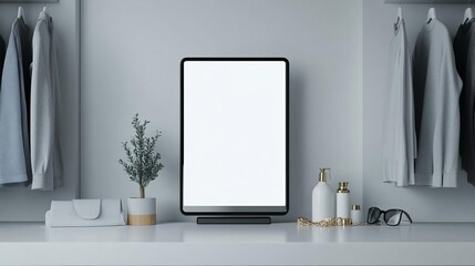 A blank white screen on a smart mirror in a hightech dressing room, with fashion items and accessories surrounding it, captured in a sleek, futuristic photo style