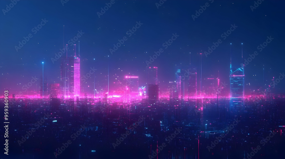 Wall mural neon cityscape with pink and blue lights against a dark night sky.