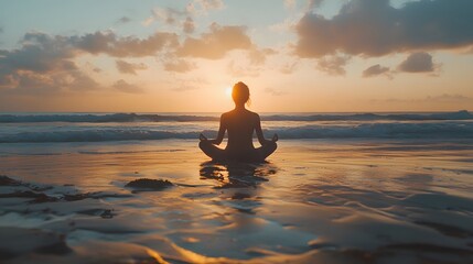 A person sitting cross-legged on the beach at sunset, meditating with a calm expression