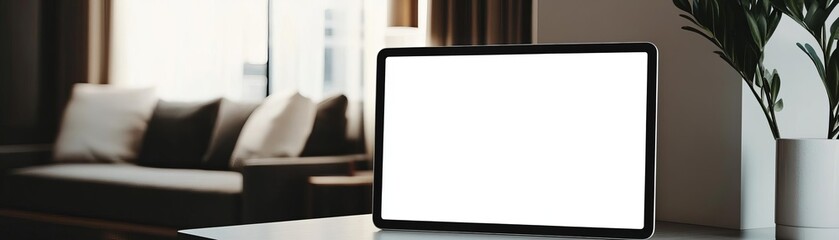 Obraz premium A blank white screen on a tablet in a minimalist kitchen, with modern appliances and a clean, uncluttered design, captured in a sleek, contemporary photo style