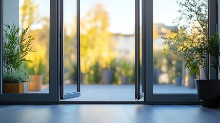 French Balcony Doors Aluminum Window Metal pvc Balcony Door Frame Open Closeup view Energy efficient Safety Security : Generative AI