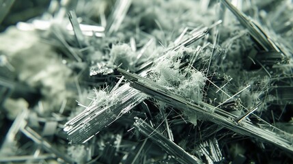 Obraz premium Hazardous Material Study: Close-Up of Asbestos Chrysotile Fibers Under Microscope Showing Detailed Structure and Composition for Industrial and Environmental Safety Analysis