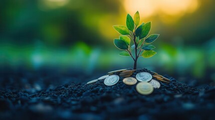 Coins forming a tree under soft bokeh light, green investments, financial growth