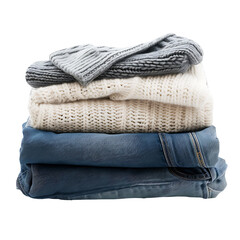 Stack of Folded Gray, White, and Blue Knitwear and Denim