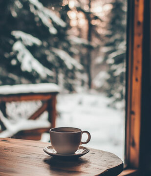 cup of tea sitting on the edge of a table in a cozy winter cabin