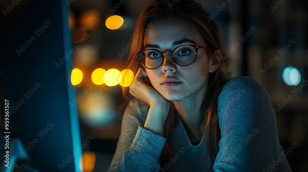 Leinwandbilder Computer thinking and business woman in office working late on project at night alone Desktop professional and female person problem solving focus or solution planning or reading on de : Generative AI