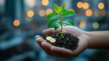 Hand holding young plant with coins, bokeh cityscape in the background, financial sustainability, eco-conscious investing