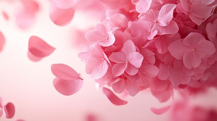 Obraz premium Beautiful hydrangea flowers frame with flying petals at pink background : Generative AI