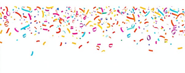 Fototapeta premium White Background with Colorful Confetti and Ribbons Along Bottom Edge, Celebration Concept, Flat Design Style