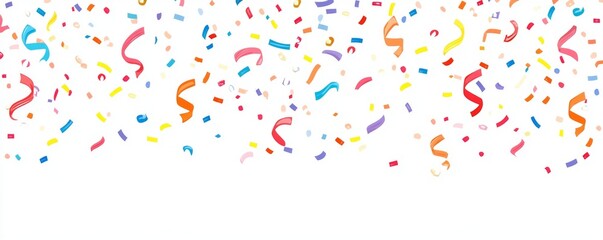 White Background with Colorful Confetti and Ribbons Along Bottom Edge, Celebration Concept, Flat Design Style