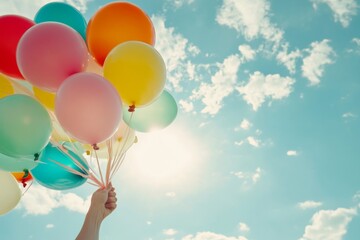 Colorful Balloons Floating in the Sky with Sunlight and Blue Skies, Evoking Joyful Celebrations and Festive Moments