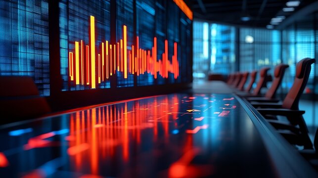 Image of bar graph and arrow representing loss and coding over empty chairs and table in office Digital composite conference meeting business report inflation crisis recession furnitur : Generative AI - Powered by Adobe