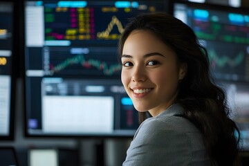 Naklejka premium A woman smiling in front of computer monitors displaying data and graphs