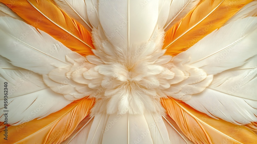 Aufkleber Abstract symmetric pattern of white brown and yellow feathers of wild duck as background closeup Ornamental surreal tracery of bird feathers The image with mirror effect : Generative AI