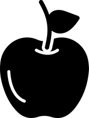 Black and white silhouette of an apple with a stem on top.