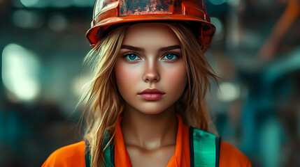 Portrait of a young woman with blue eyes wearing an orange hard hat and safety vest.