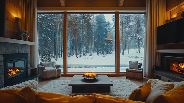cozy warm home interior of a chic country chalet with a huge panoramic window overlooking the winter forest open plan wood decoration warm colors and a family hearth : Generative AI