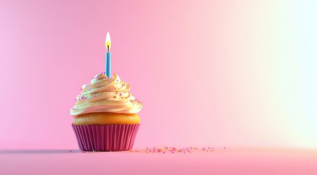 3D Rendered Birthday Cupcake with Candle on Pastel Background, Minimalist Banner Concept with Copy Space