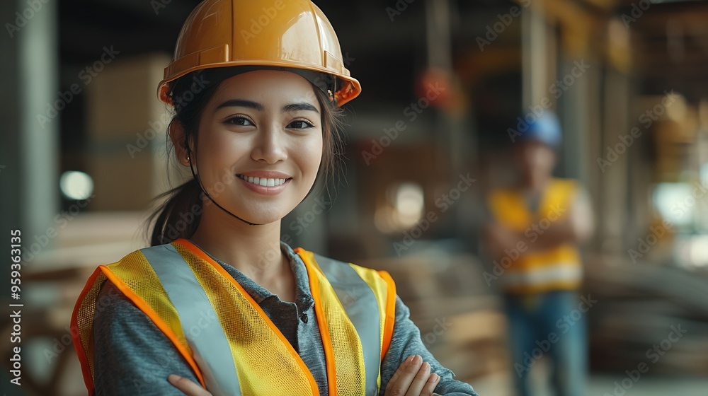 Poster portrait of happy beautiful woman engineer worker with safety vest and helmet stands with arms cross
