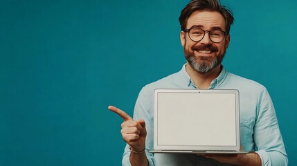 New website Happy mature caucasian man holding laptop with blank screen and pointing at monitor standing on blue studio background mockup copy space : Generative AI