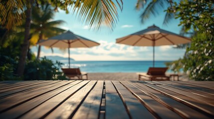 Wood floor or plank table with tropical summer background  resort hotel with patio umbrella and palm tree Beautiful beach resort and outdoor spa : Generative AI