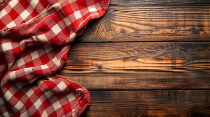 Red and white checkered tablecloth on rustic wooden background with copy space.