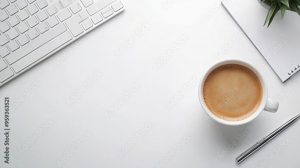 Aufkleber Top view office table desk workspace frame with keyboard computer clipboard notebook pen and coffee cup isolated on white background Flay lay  ideas notes or plan writing concept : Generative AI