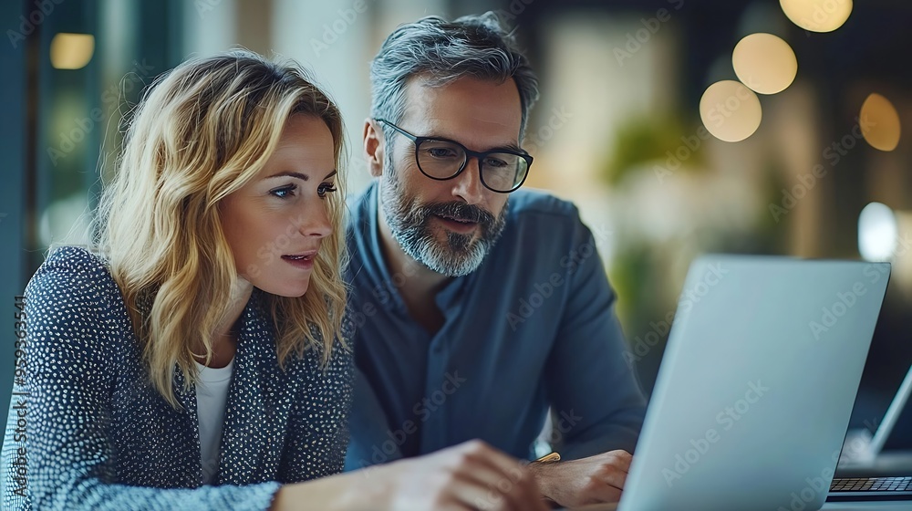 Poster Side view portrait of two software developers using laptop together while working on project in IT company office copy space : Generative AI