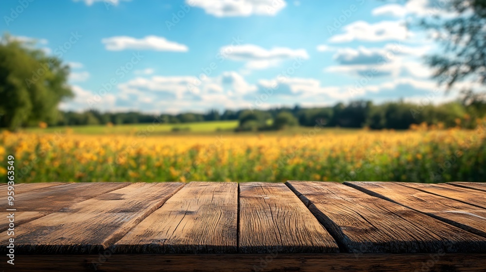 Poster the empty wooden brown table top with blur background of farmland and blue sky : generative ai
