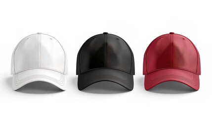 Blank White, Black, and Red Baseball Cap Mockup Template Isolated on a White Background with Clipping Path. The Minimalist Design Highlights Each Color Option, Perfect for Branding,