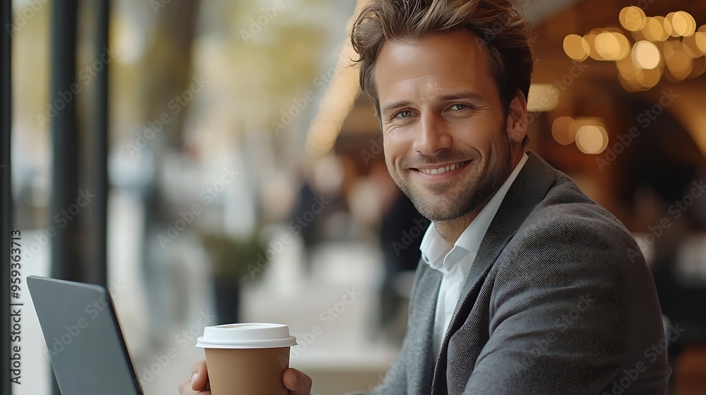 Aufkleber Handsome smiling businessman drinking coffee and using laptop in office : Generative AI