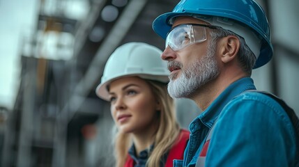 Senior engineer and female foreman team checking project at precast concrete factory site Caucasian engineer and worker in hardhats discussing on construction site : Generative AI