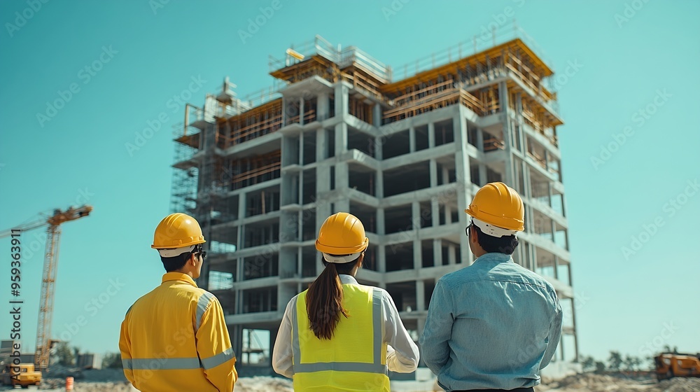 Poster a team of construction engineers talks to managers and construction workers at the construction site