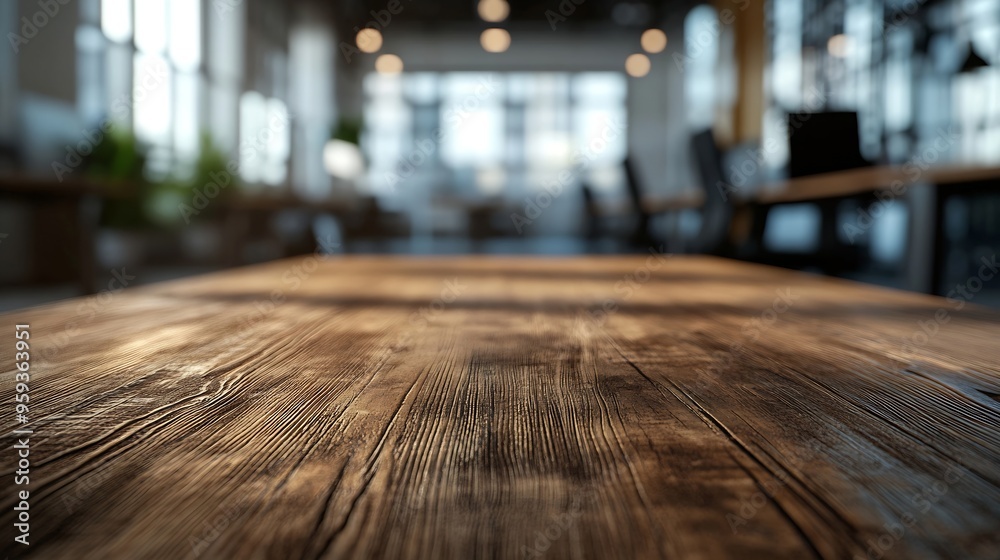 Aufkleber Wooden board empty table background On the blurred background of the empty office room : Generative AI