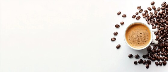 White background with coffee beans and a cup of espresso, flat lay design with copy space.