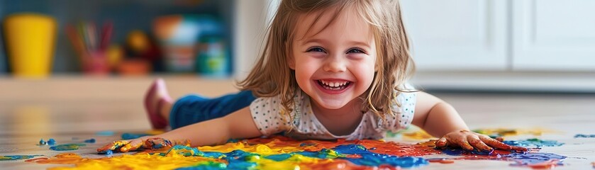 A child s joyful smile while playing with spilled paint, showing the beauty of happy accidents, selective focus, playful mess, whimsical, blend mode, kitchen floor backdrop