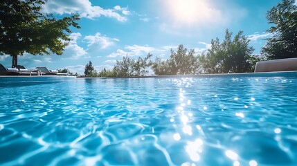 Fototapeta premium Modern luxury hotel swimming pool under sunny blue sky : Generative AI
