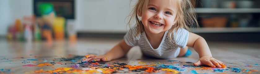 A child s joyful smile while playing with spilled paint, showing the beauty of happy accidents, selective focus, playful mess, whimsical, blend mode, kitchen floor backdrop