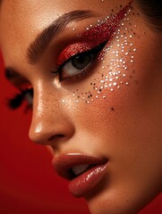 Naklejka premium Vivid Glamour: Intense Red Makeup with Sparkling Glitter