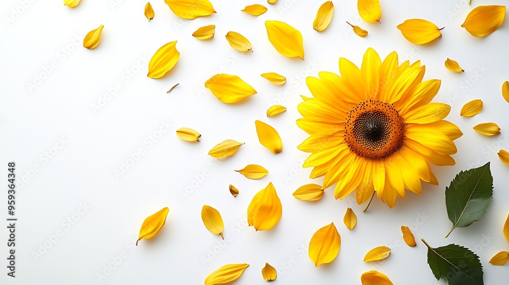 Aufkleber yellow sunflower flower leaf and petals isolated on white background flower in summer garden composi