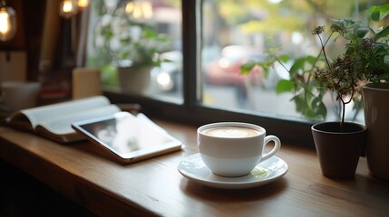 Closeup view white coffee cup on wooden counter and smart phone note book put on digital tablet by window coffee break and relax after work in cafe with a reading book in the backgroun : Generative AI
