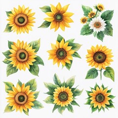 Sunflowers clipart set, flowers illustration in watercolor style isolated on transparent background for wedding invitation, postcard design, scrapbooking or greeting cards. 
