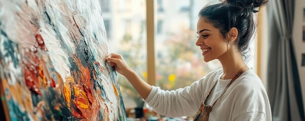 An artist smiling at the accidental beauty on a messy canvas, portraying happy accidents, focus on, creative joy, ethereal, manipulation, studio apartment backdrop